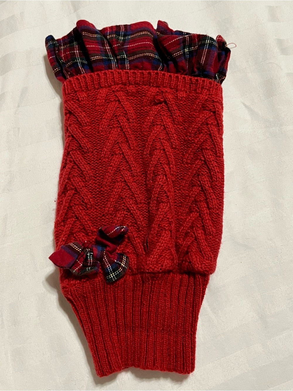Red Cable-Knit Dog Sweater with Plaid Ruffle